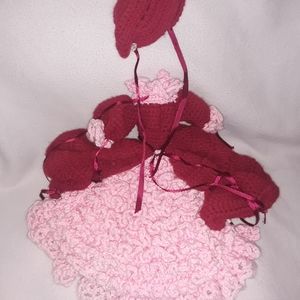 Handcrafted Crocheted Doll Evening Gown Red Pink Ruffled